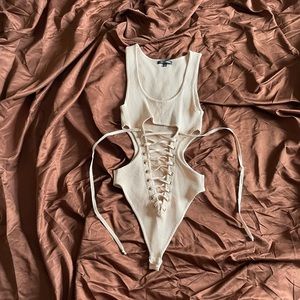 Cream Cut-out Lace Up Bodysuit